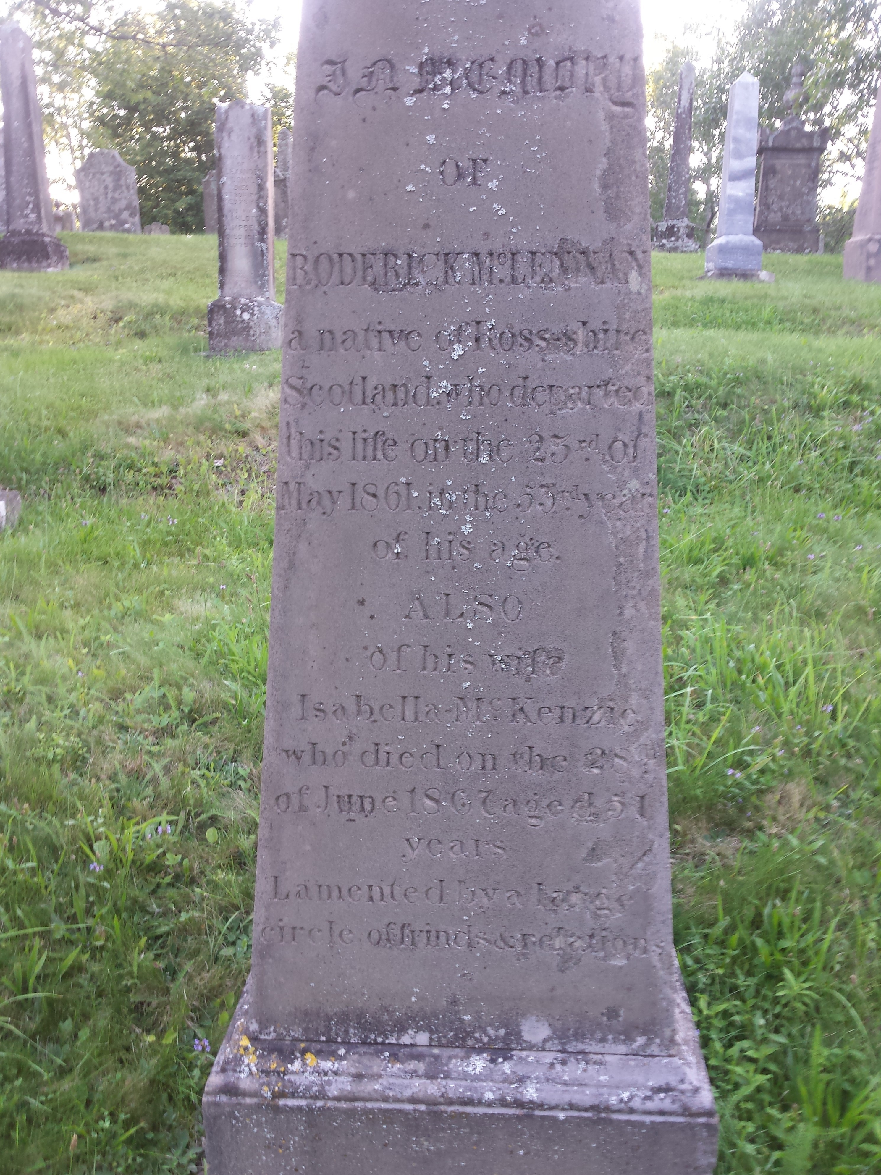 Photo of headstones/Roderick McLennan d1861 hdstn St Johns cem Scotsburn Pictou co